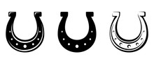 Set Of Three Vector Black Silhouettes Of Horseshoes Isolated On A White Background.