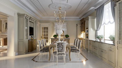 Luxurious baroque kitchen and dining room