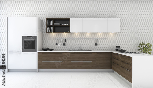 3d Rendering Wooden Decor Kitchen With Nice Wallpaper Buy This