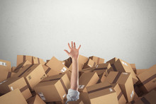 Man Buried By A Stack  Of Cardboard Boxes. 3D Rendering