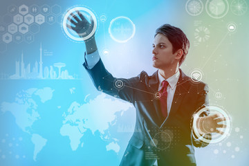 Poster - young businessman and technological graphical interface