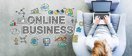 Wall Mural - online business text with man using a laptop