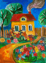 Summer Day In Village. Colorful Acrylic Drawing Of House Surrounded By Flowers.