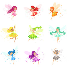 Canvas Print - Colorful Rainbow Set Of Cute Girly Fairies With Winds And Long Hair Dancing Surrounded By Sparks And Stars In Pretty Dresses