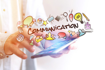 Poster - concept of man holding smartphone with communication title and m