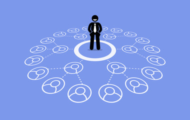 Multilevel marketing. Vector artwork depicts business network, downline, referral connection, and pyramid scheme.