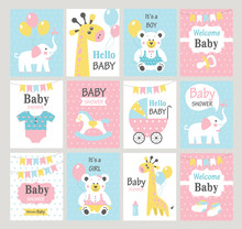 Set Of Baby Shower Cards. Vector Illustrations.