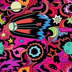 Crazy cartoon seamless pattern with satelite, planets, stars.