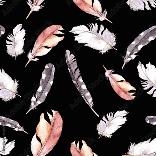 Bird feathers. Seamless pattern. Watercolour