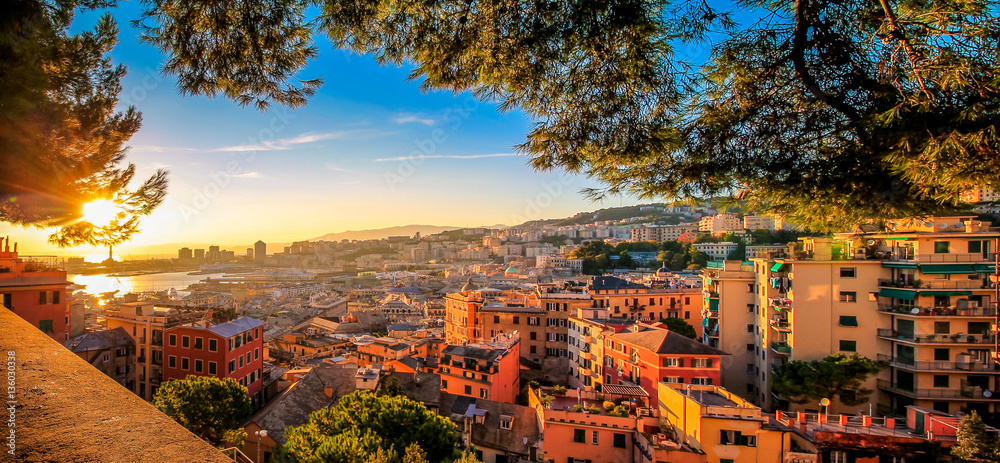 Genoa cityscape panorama during sunset. - obrazy, fototapety, plakaty 