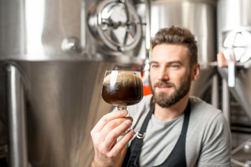 Wall Mural - Handsome brewer in uniform checking quality of the beer sitting in the manufacturing with metal containers on the background