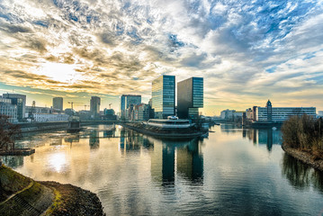 DUESSELDORF, GERMANY - JANUARY 20, 2017: View over the New Media Harbor and the old harbor - HDR, Hyperrealistic, High Resolution