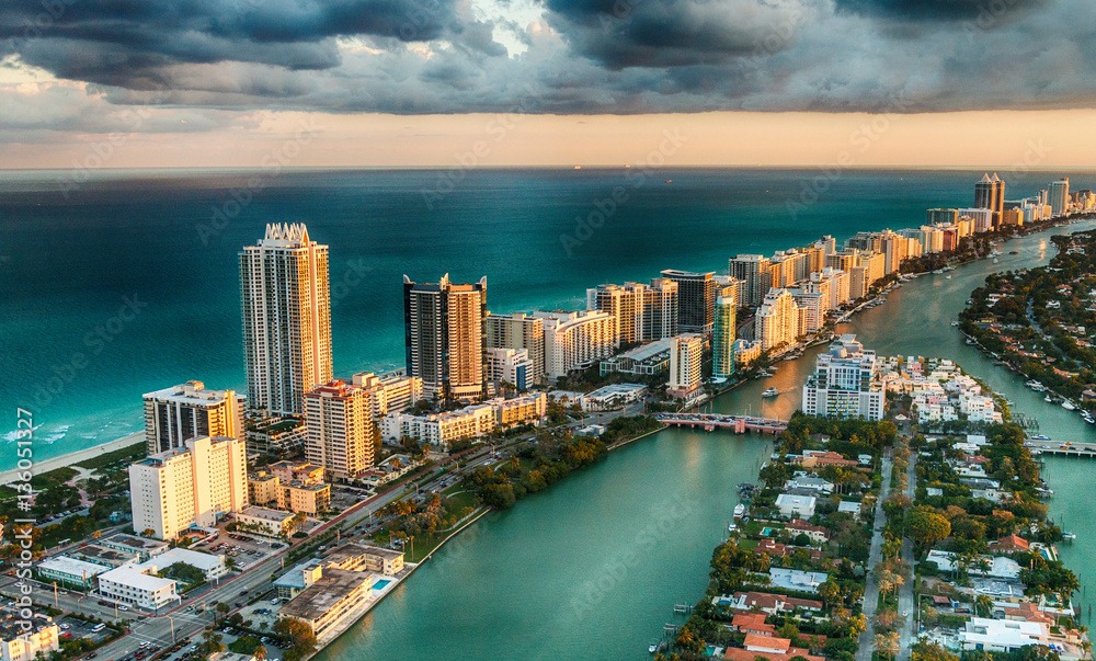 Aerial view of Miami Beach skyline, Florida - obrazy, fototapety, plakaty 