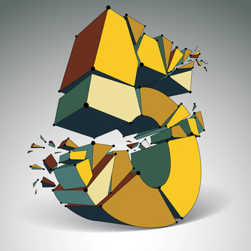 Abstract vector low poly wrecked number 5 with black lines and d