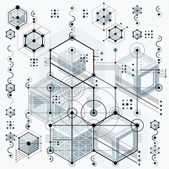 Fototapete - Mechanical scheme, vector engineering drawing with geometric par