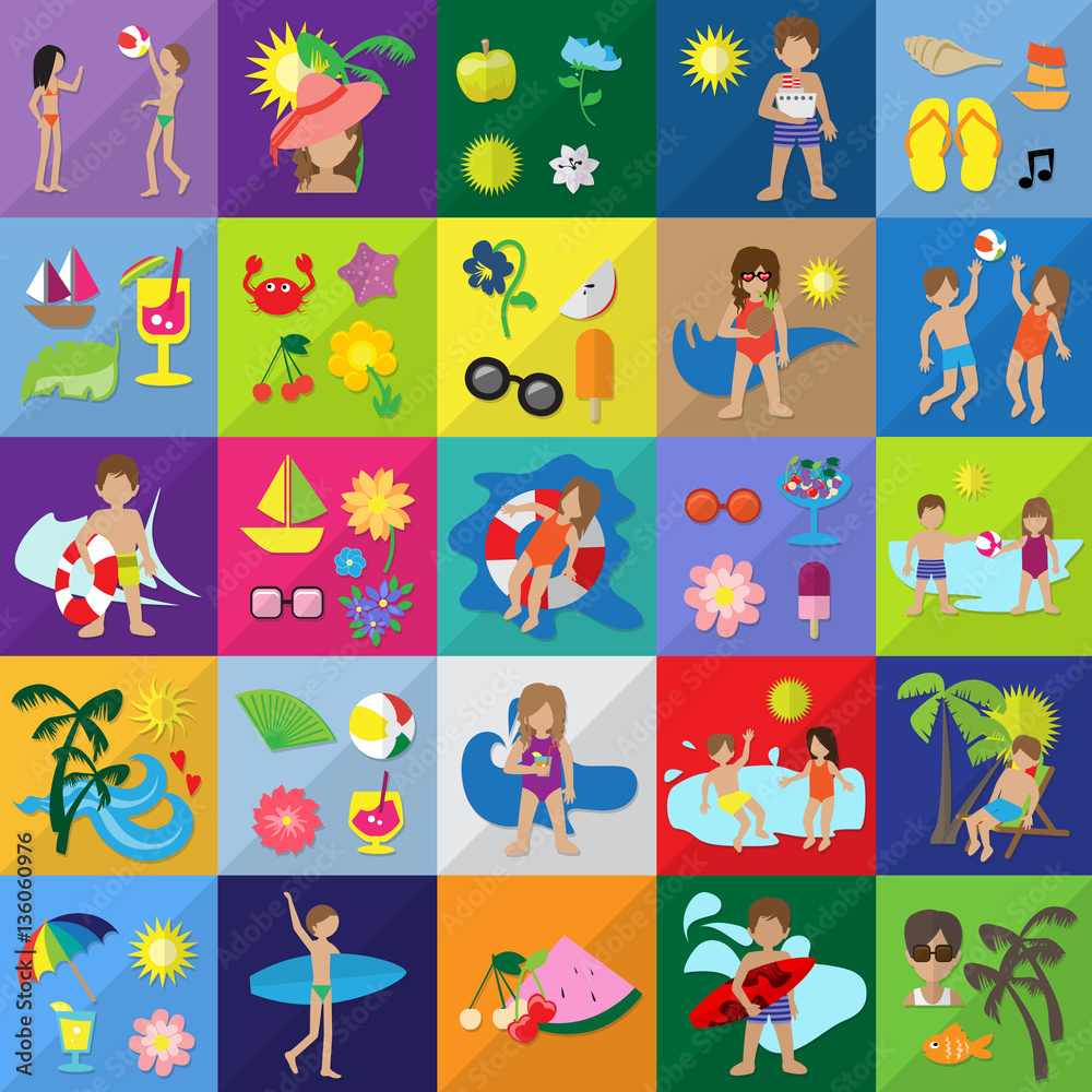 Summer Icons Set Isolated On Mosaic Background-Vector Illustration ...