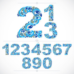 Poster - Set of beautiful numbers decorated with blue herbal ornament. Ve