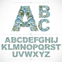 Poster - Blue floral font, hand-drawn vector capital alphabet letters dec