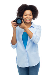 Poster - happy afro american woman with digital camera