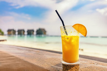 Fresh Orange Juice By The Poolside. Tropical Island In Maldives