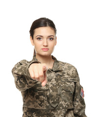 Poster - Pretty female soldier on white background