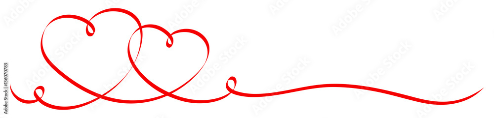 2 Connected Red Calligraphy Hearts Ribbon Banner - obrazy, fototapety, plakaty 