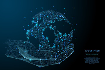 Poster - Abstract image of a holding global in hands in the form of a starry sky or space, consisting of points, lines, and shapes in the form of planets, stars and the universe. Vector business