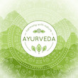 Vector Ayurveda illustration with mountains landscape, ethnic patterns and sample text in green colors for use as a template of banner, backdrop or poster for ayurveda medicine center or product.