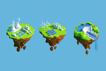 Isometric view low poly green energy concept. 3D illustration