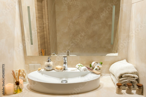 Bathroom Interior With Composition Of Spa Treatment Towels Bathroom Interior With Composition Of Spa Treatment Towels Candles And Other Accessories White