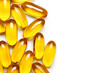 Close up of capsules Omega 3 on white background. Copy space for your text. Top view, high resolution product. Health care concept