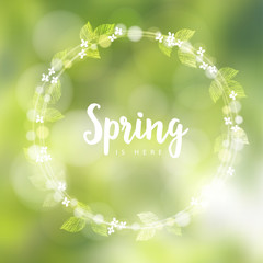 Wall Mural - spring background with wreath made of cherry blossoms, leaves and bokeh lights modern blurred vector