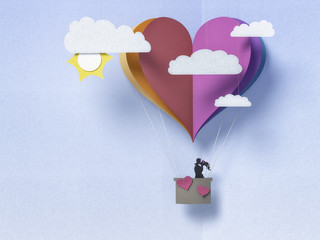 Wall Mural - paper balloon and sky with sun and clouds , happy valentine's day - 3d romantic card / background ( 