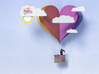 Wall Mural - paper balloon and sky with sun and clouds , happy valentine's day - 3d romantic card / background ( 