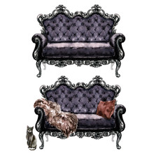 Sofa With And Without Throw - Watercolor Illustration.