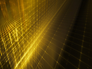 Poster - Abstract background element. Three-dimensional composition of glowing grids and wave shapes. Science and technology concept. Golden yellow and black colors.