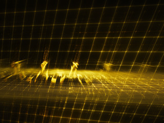 Poster - Abstract background element. Three-dimensional composition of glowing grids and wave shapes. Science and technology concept. Golden yellow and black colors.