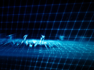 Poster - Abstract background element. Three-dimensional composition of glowing grids and wave shapes. Science and technology concept. Blue and black colors.