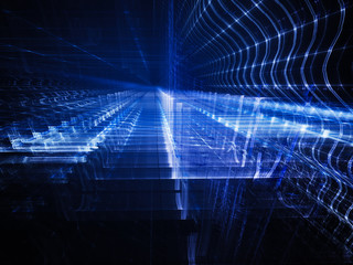 Poster - Abstract background element. Fractal graphics. Three-dimensional composition of glowing grids and wave forms. Information technology or science concept. Blue and black colors.