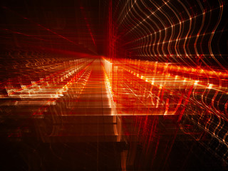 Poster - Abstract background element. Fractal graphics. Three-dimensional composition of glowing grids and wave forms. Information technology or science concept. Red and black colors.