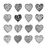 Fototapeta  - Set of beautiful black and white hand drawn monochrome hearts isolated.
