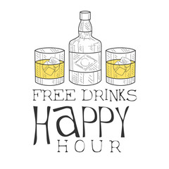 Sticker - Bar Happy Hour Promotion Sign Design Template Hand Drawn Hipster Sketch With Whiskey Bottle And Two Glasses