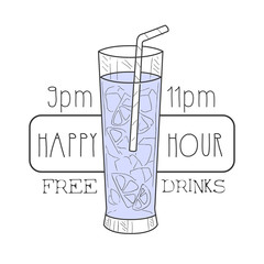 Sticker - Bar Happy Hour Promotion Sign Design Template Hand Drawn Hipster Sketch With Full Tall Cocktail Glass With Straw