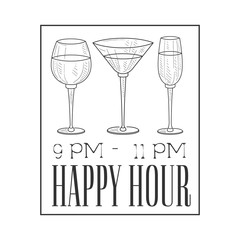 Sticker - Bar Happy Hour Promotion Sign Design Template Hand Drawn Hipster Sketch With Glasses In Square Frame