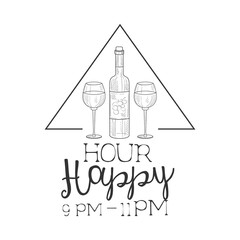 Sticker - Bar Happy Hour Promotion Sign Design Template Hand Drawn Hipster Sketch With Bottle Of Wine And Two Glasses