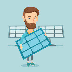 Poster - Man holding solar panel vector illustration.