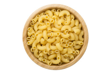 Top view of uncooked macaroni pasta in wooden bowl isolated