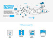 Business startup concept with rocket launch illustration. Linear infographic style banners for website.