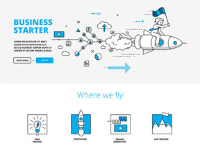Wall Mural - Business startup concept with rocket launch illustration. Linear infographic style banners for website.