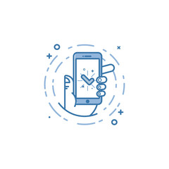 Fototapete - Vector business illustration of blue colors hand and icon mobile phone in line style.